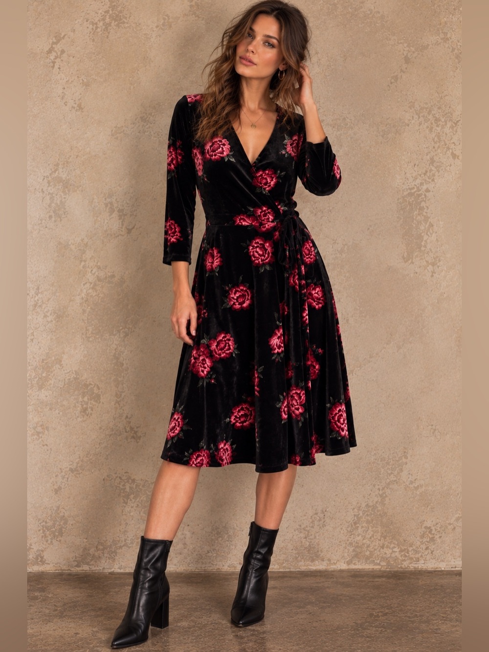 Torrid Black Floral Rose velvet wrap dress. SZ 1